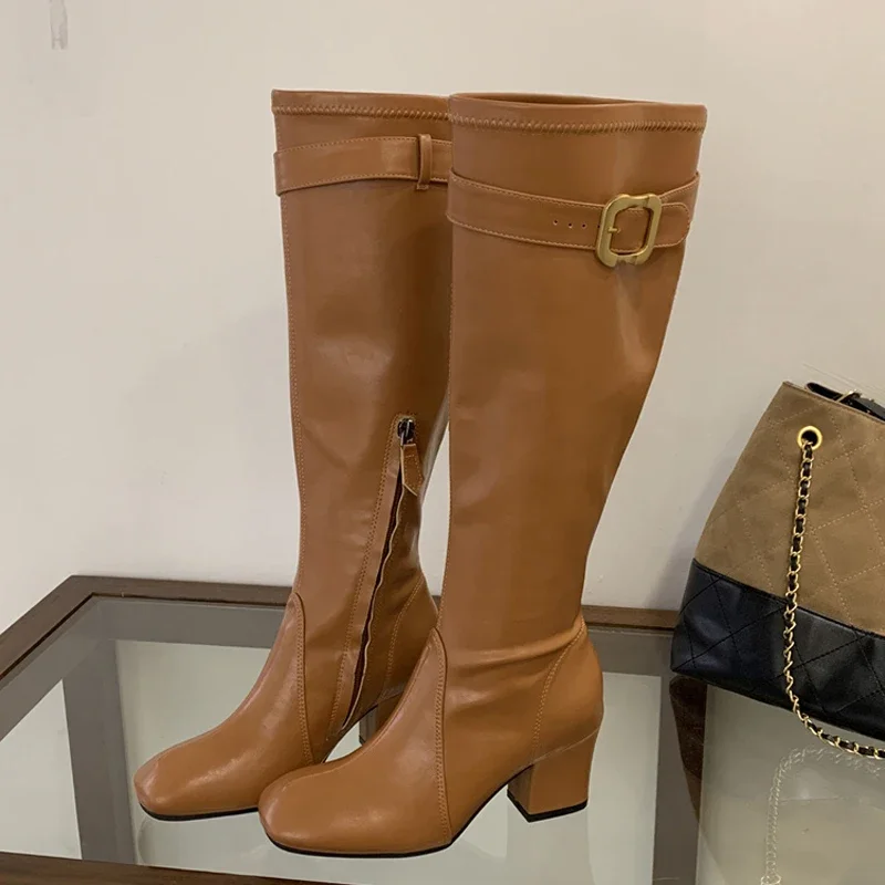 Aneikeh Fashion Autumn Winter Retro Belt Buckle High-heeled Boots Women Punk Style Soft Leather Round Toe Square Heels Shoes