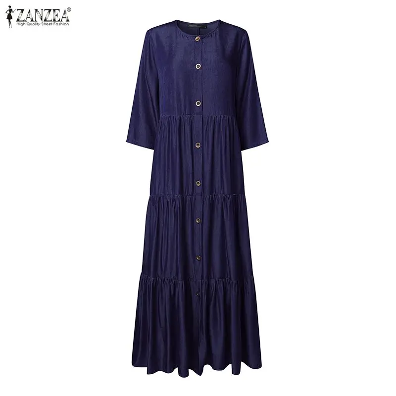 เดรสยีนส์ปลอมสีน้ำเงิน ZANZEA รุ่นฤดูใบไม้ร่วง ปี 2025 สำหรับผู้หญิง คอทรงโอ แขนยาว จับจีบ ติดกระดุม  ชุดเดรสทำงานสุดหรู
