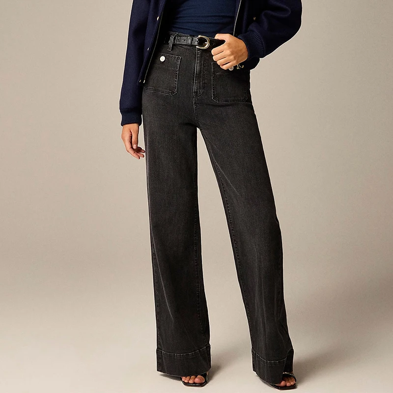 Jeans larghi a vita alta primavera autunno per donna Pantaloni casual a gamba larga tinta unita Donna Comodi tasche con bottoni Pantaloni da donna