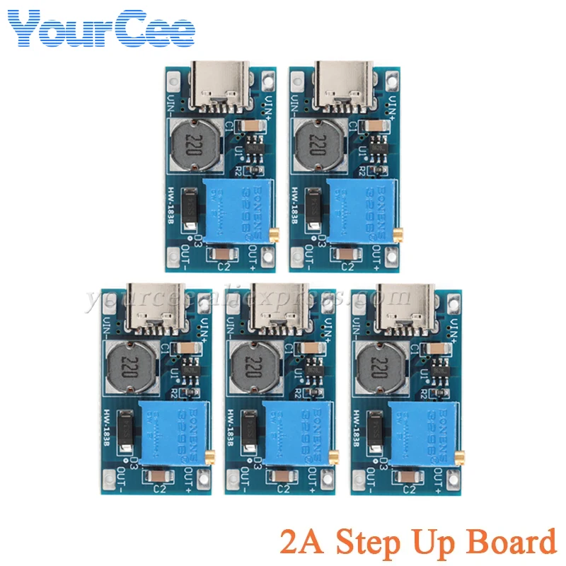 5pcs/1pc 2A Adjustable Step Up Booster Board DC-DC Power Conversion Boost Module Type-C Car/Power Bank/USB Charging 2V-24V