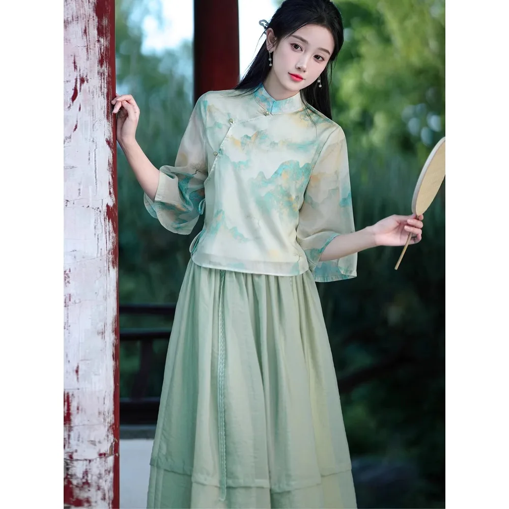 Green Hanfu Set Female Summer Chinese Style Tea Art Clothing Zen Women's Dress Improved Cheongsam Two-piece Dress Tang Suit Set