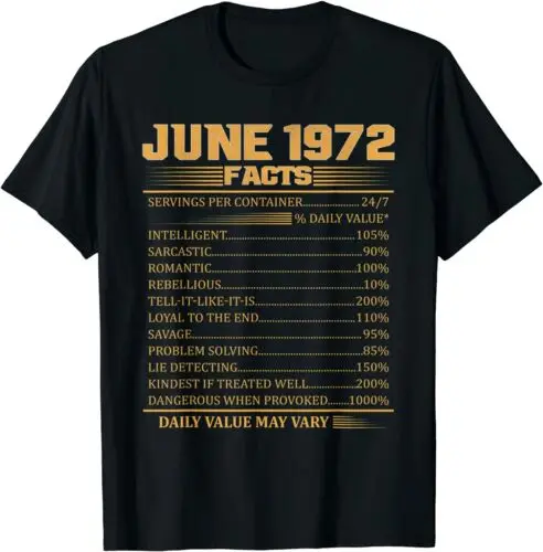 Vintage 46th Birthday Made In June 1972 Facts Great T-Shirt S-3XL