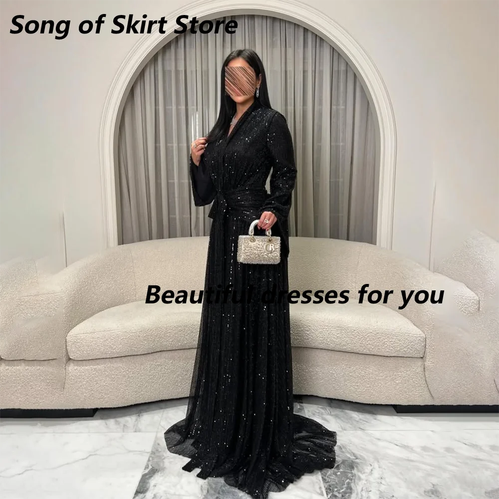 Luxury Beading Sequins Evening Dress Customized V-Neck Long Sleeves Pleat A Line Floor Length Black Formal Party Dresses image 2