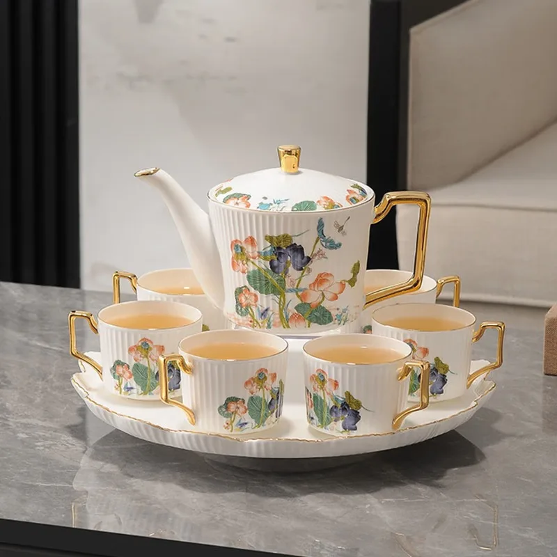 Living room light luxury high-end teapot teacup complete set of gift box cup set, lotus pond spring water set eight-piece set