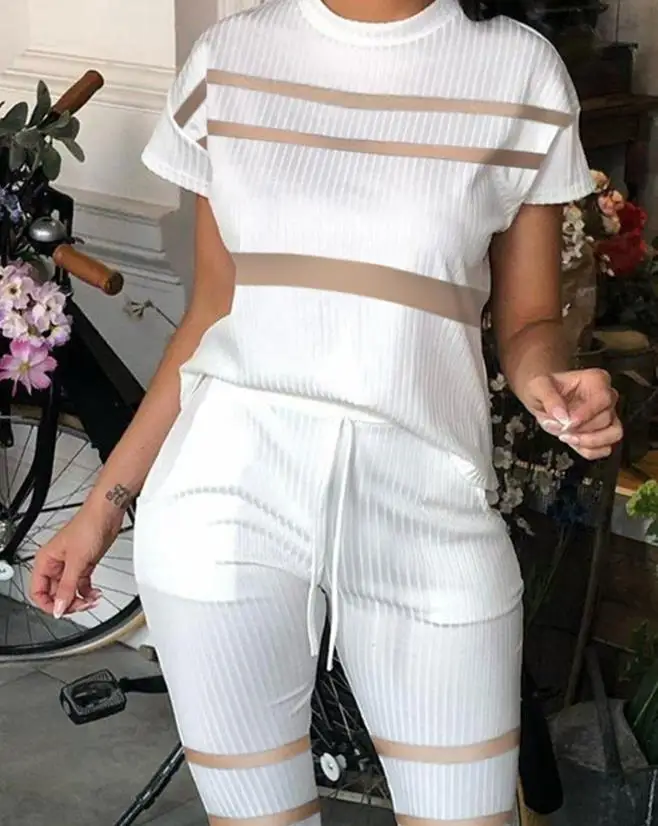 Two Piece Sets Womens Outifits 2023 Summer Fashion Ribbed Contrast Mesh O-Neck Short Sleeve Top & Drawstring Pocket Pants Set