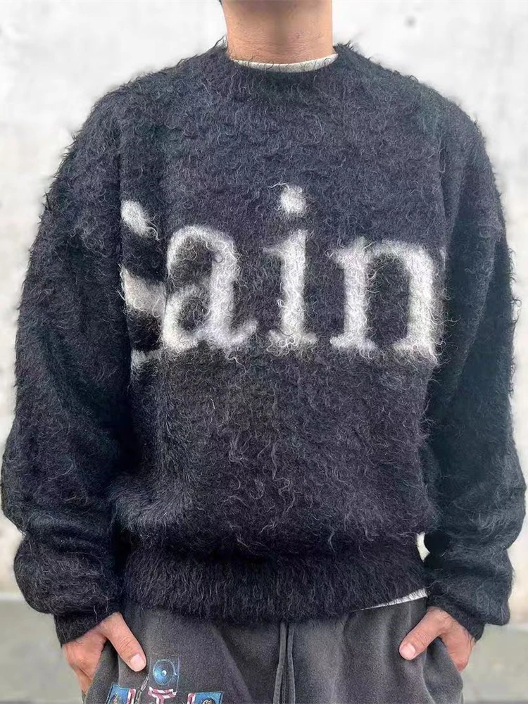 Czarny sweter z okrągłym dekoltem i logo Saint, męski i damski, wersja z okrągłym dekoltem, dzianinowa bluza. — 2