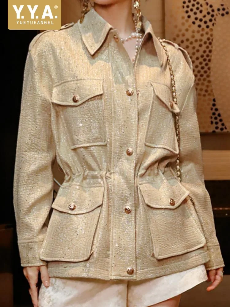 Luxurious Female Single Breasted Jacket Solid Color Ladies Sequins Loose Coat Versatile Turn Down Collar Long Sleeves Outwear
