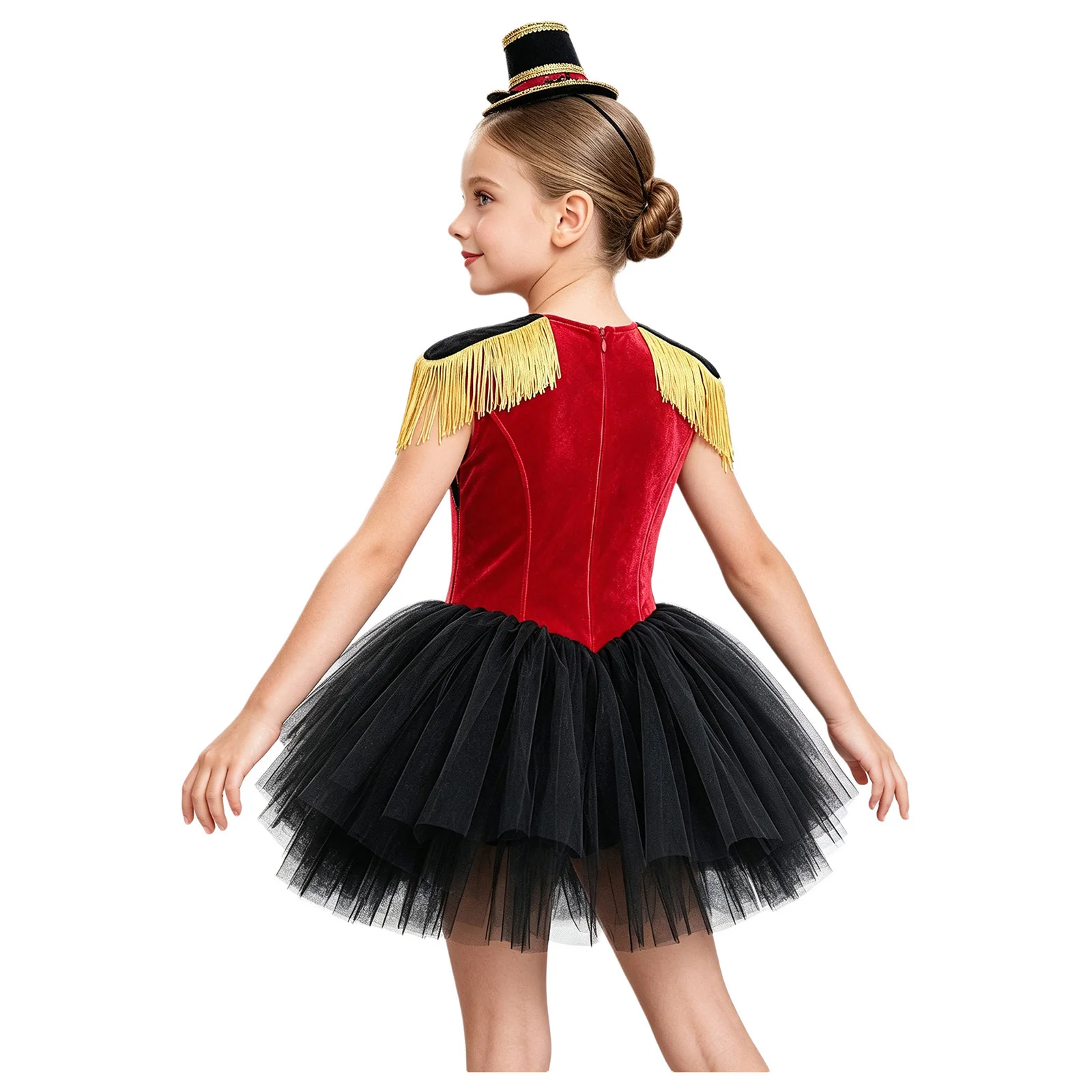 Kid Girls Halloween Circus Ringmaster Cosplay Costume Tassel Epaulette Gold Trim Velvet Patchwork Tulle Dress for Carnival Party