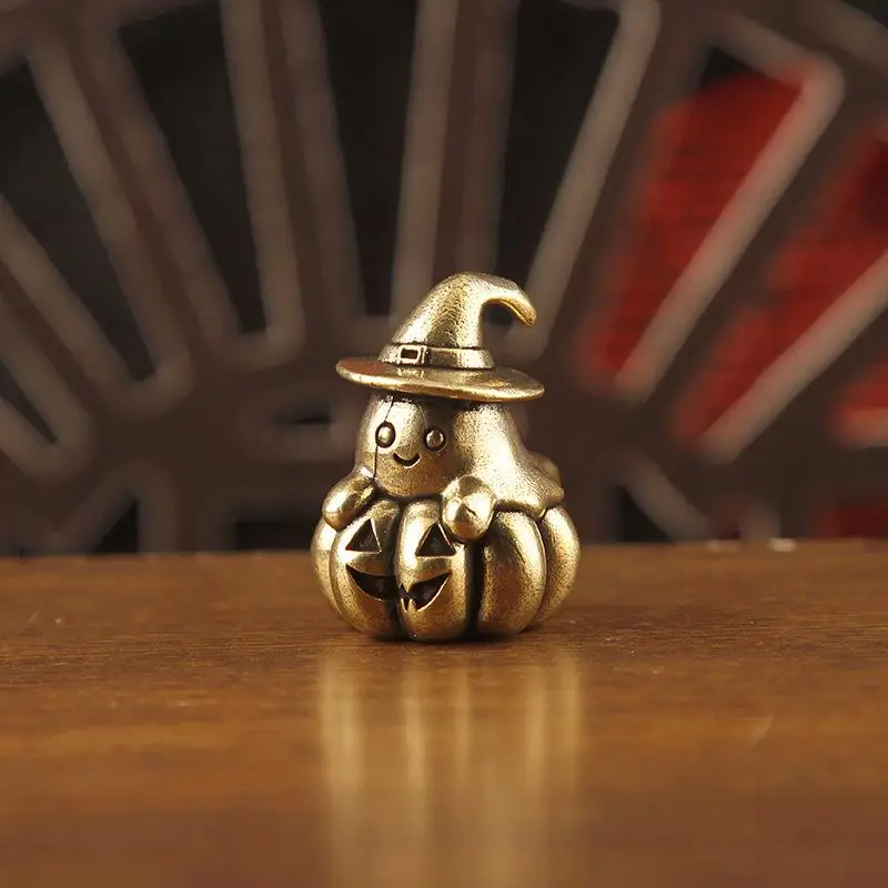 Mini Vintage Brass Ghost Pumpkin Figurine Witch Hat Halloween Statue Rustic Desk Ornament for Home Shelf Decoration