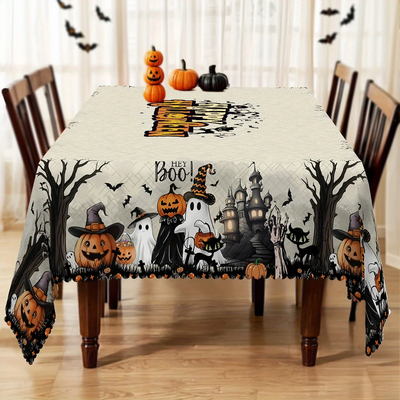 Halloween Ghosts Black Cats Spooky Waterproof Tablecloth Table Decor Reusable Kitchen Dining Tablecloth Halloween Decorations