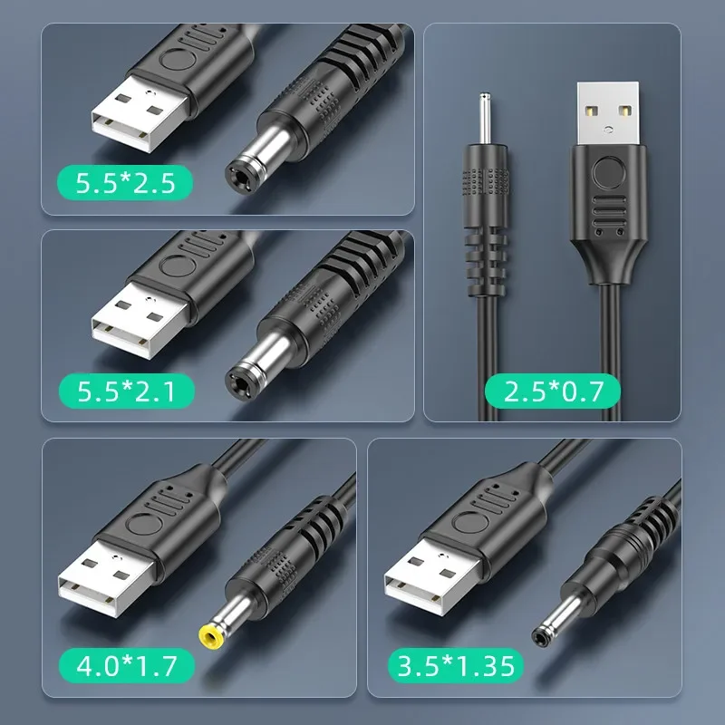 5V 3A USB A Male to DC Barrel Jack 5.5x2.5/2.1/3.5mm Power Supply Cord for Desk Lamp Mini Fan Bluetooth Speaker Face Massager