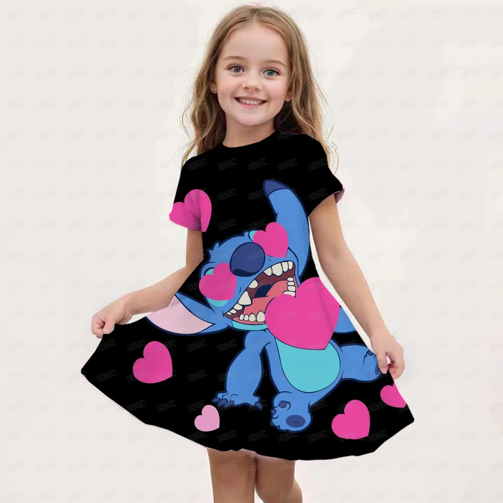 MINISO Disney Stitch Princess Party Dress Up For Girls Tshirt Sress Kids Stich Cartoon Fashion Casual Clothing Princess Dress