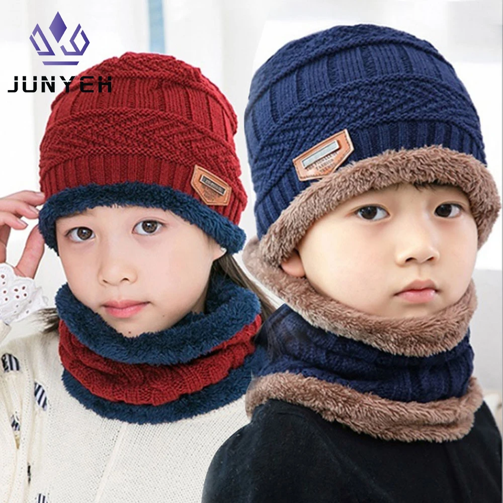 Kids Winter Beanie Hat Scarf Set Fleece Lined Hat Woolen Scarf Warm Knit Thick Hat For Boys And Girls