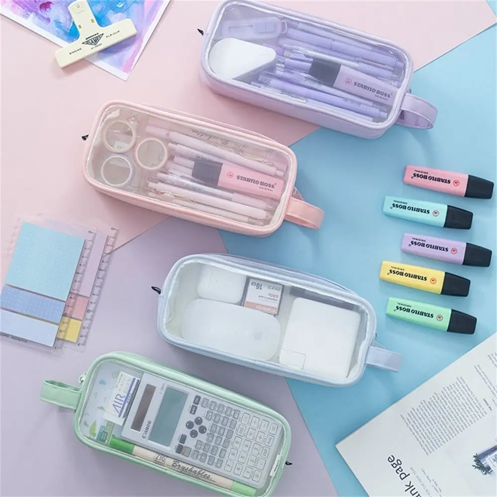 

Large Grid Mesh Pencil Case Two Compartment Transparent Stationery Organizer Multi-Color Marker Pouch Pencil Bag Teen Student