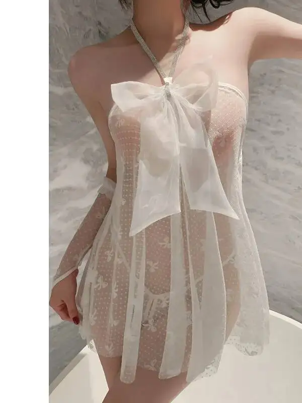 섹시한 진주 시스루 스트랩 나이트웨어 드레스 섹시한 레이스 프린트 작은 가슴 유니폼 잠옷 투명 드레스 순수한 욕망 매력적인 M5CJ