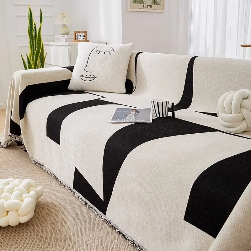 Black Lines Chenille Sofa Cover Cloth Sofa Blanket Universal Couch Towel Cover Dust Proof Sofa Cushion Cover