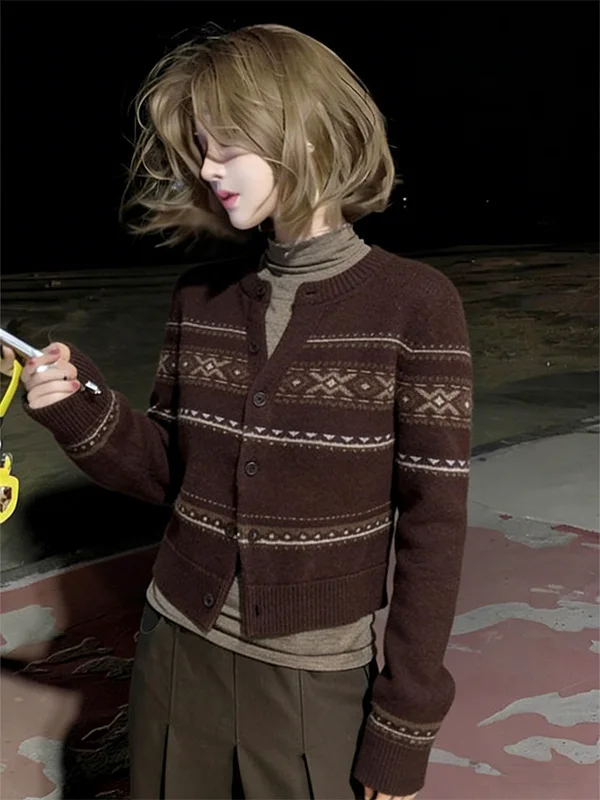 

Retro Faionable Knitted Sweater Women's round Ne Lace Design Spring Lazy Sle Knit Cardigan Coat Loose Fit Daily Wear