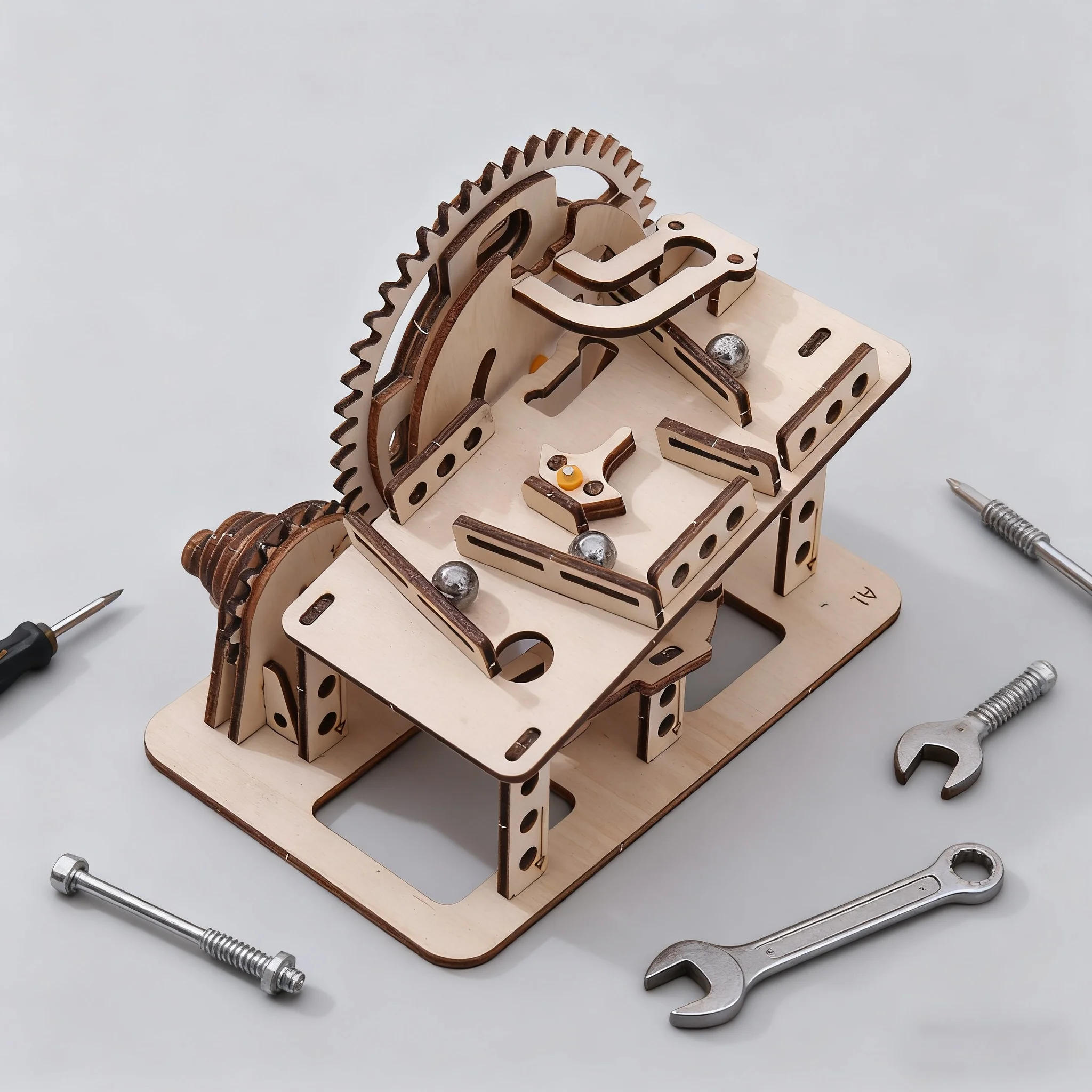 Marble Run Wooden 3D Puzzle Kit, Laser Cut DIY Mechanical Gear Assembly Model, Hand Crank Ball Track Physics Desktop Display Orn
