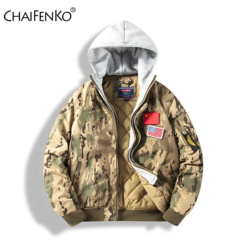 

Outdoors Loose Comfort Men Coat Autumn Winter Thickening Camouflage Windproof Flight Parka New Fashion Detachable Hat Men Jacket