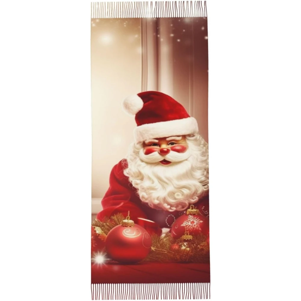 

С Рождеством винтажный шарф с кисточками и принтом Санта-Клауса, теплый шарф, шаль, шарф с бахромой для мужчин и женщин, праздничный подарок, теплая зима