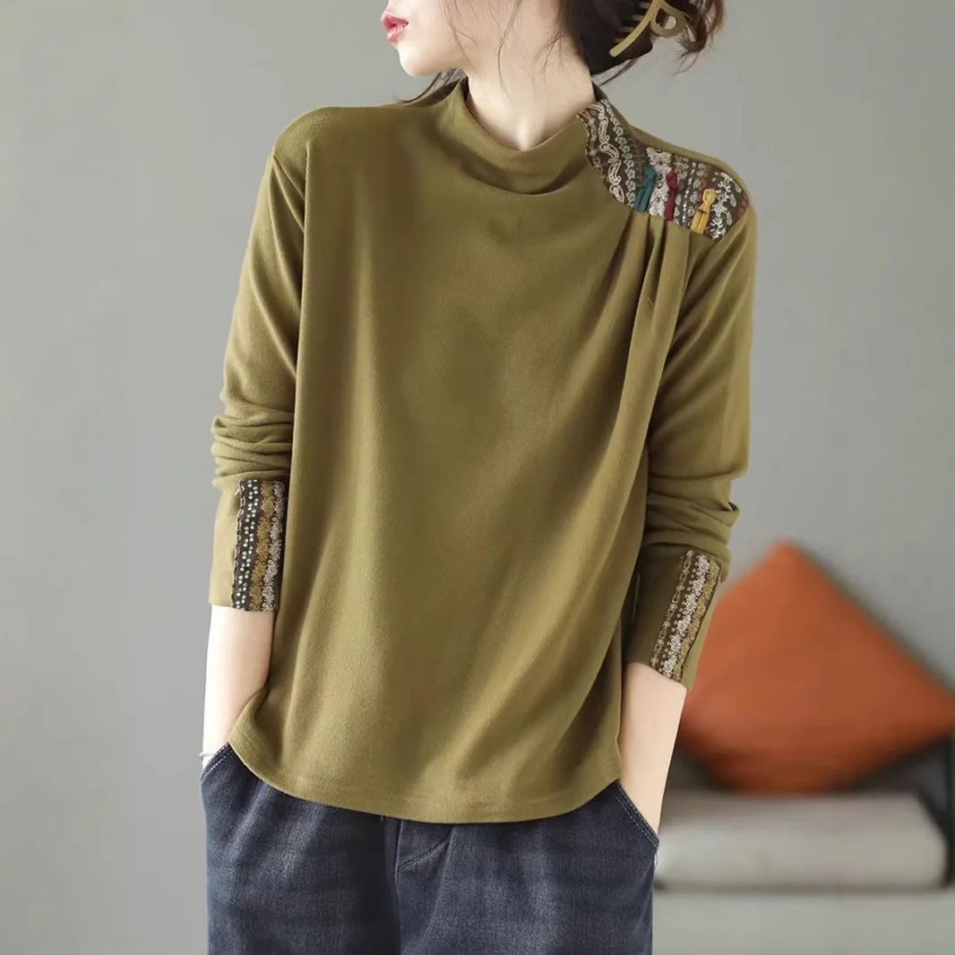 

Women Autumn New Arrivals Ethnic Style Button-Up Solid Color Print Patchwork Long Sleeve Base Layer Stylish Warm Tshirt Cloth
