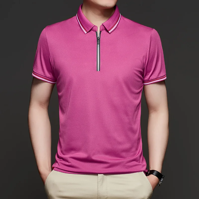 Summer short sleeve t-shirt men's lapel business casual versatile bottom POLO top Solid zipper casual pullover casual comfort