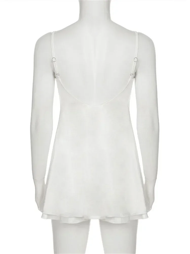 ホワイトレースVネックミニドレス女性バックレスファッションスパゲッティスリムパッチワークサテンY2kドレスサマーホルタードレス2025