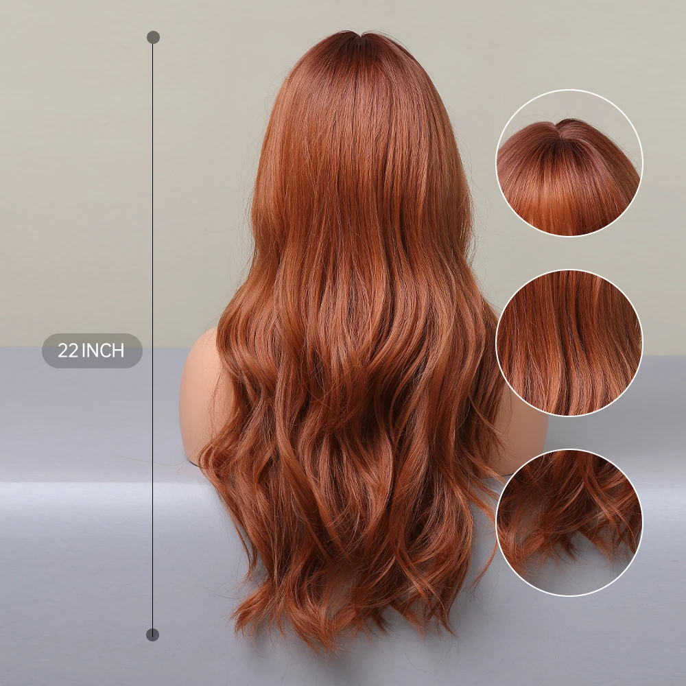 EASIHAIR Copper Ginger Red Brown Wavy Synthetic Wigs with Bang Natural Long Hairs for Women Daily Party Heat Resistant Fiber Wig