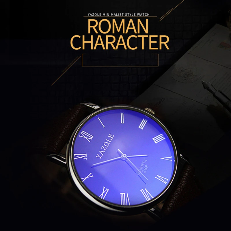 YAZOLE Men Watches Roman Numerals Blu-Ray Faux Leather Band Analog Quartz Watch Fashion Business Men\'s Wrist Watch Reloj Hombre