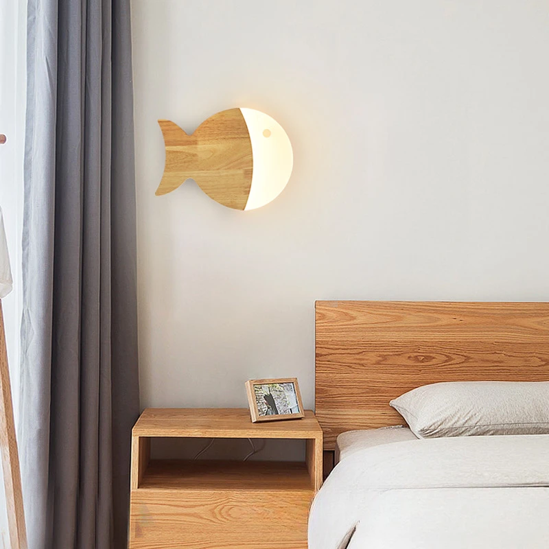 

Nordic Wall Lamp Modern Simple for Boy Girl Children's Rooms Bedrooms Bedside Lamp Creative and Personalized Oak Fish LED Lights