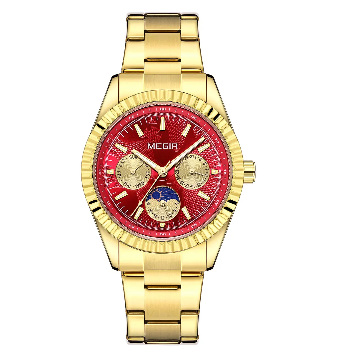 MEGIR Men's Quartz Watch with Stainless Steel Strap Fashion Business Style Wristwatch with Day Date 24-Hour Moon Phase Function