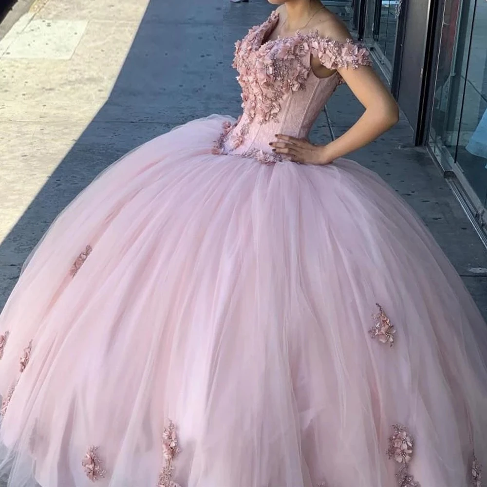 

ANGELSBRIDEP Pink Quinceanera Dresses For 15 Party Sweetheart Ball Gown 3D Appliqued Flower Cinderella Princess Birthday Gown