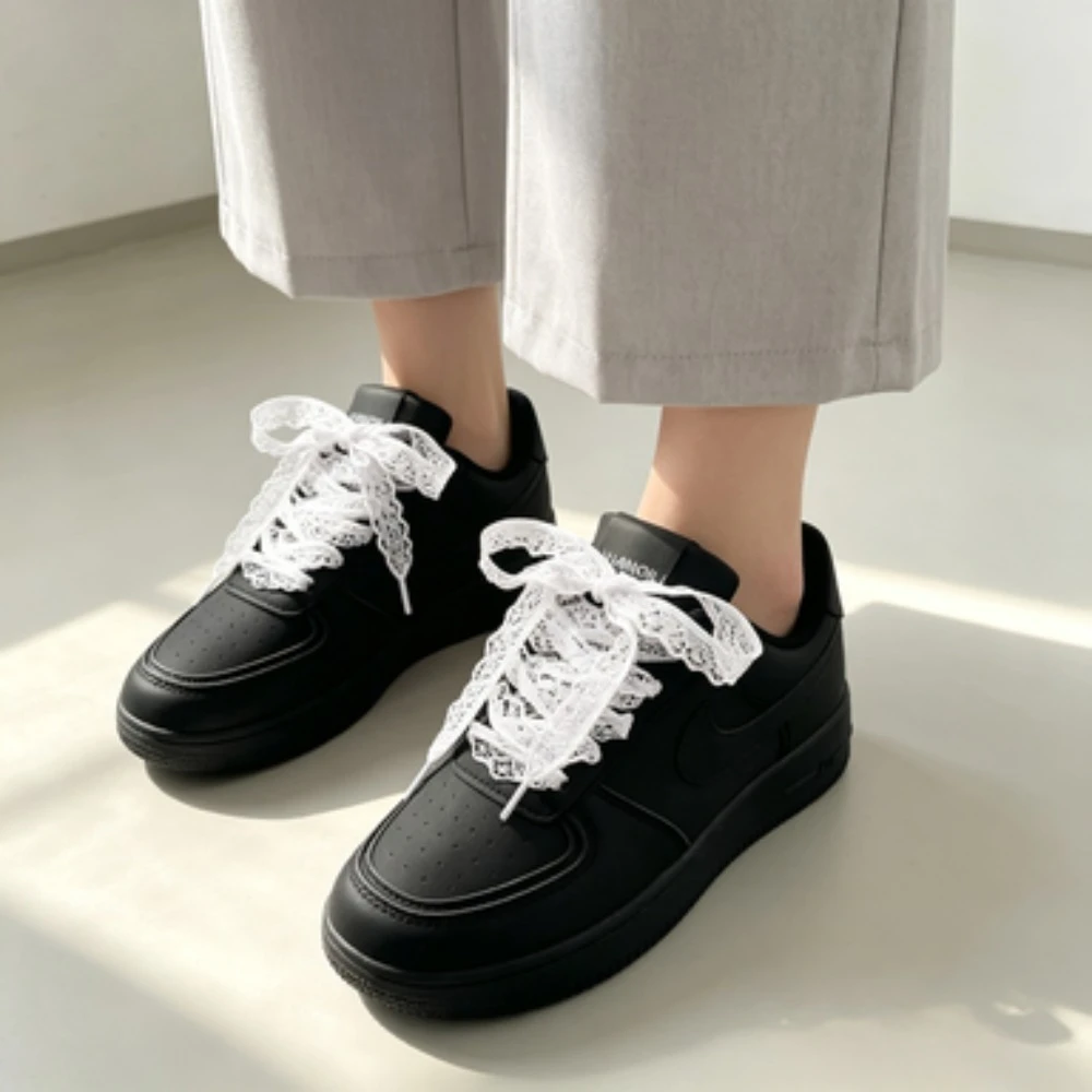 1Pair Fancy Lace Shoelaces for Women Casual Shoes Flat Width Shoelace for Sneakers Black White Shoe Laces Accessories