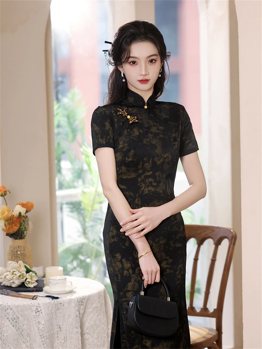 Black Printed Cheongsam Chinese Improved Young Girl Summer Temperament Elegant Qipao Vestidos Women Vintage Slim Split Dress New