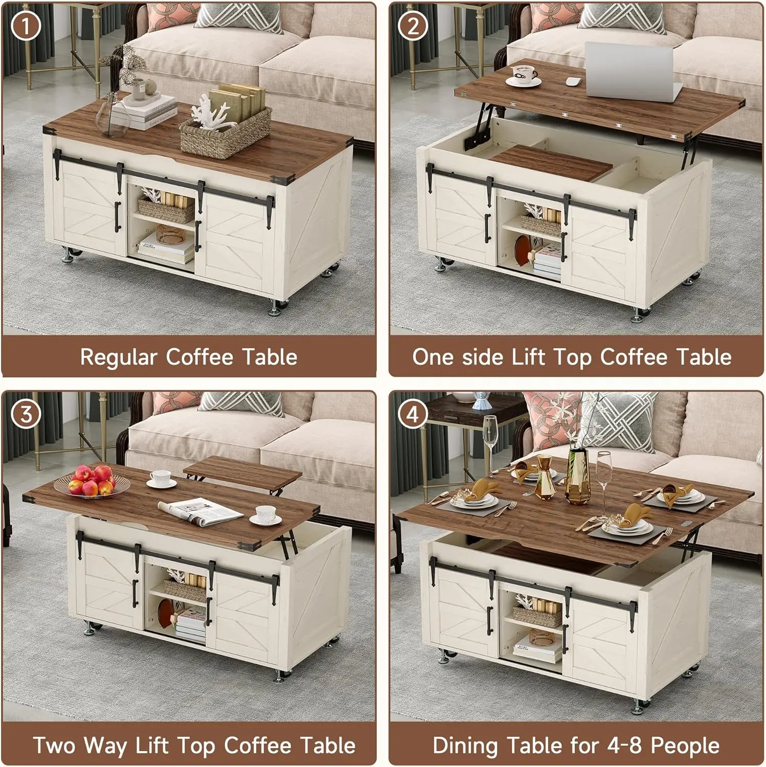 Mesa de centro rústica branca de fazenda de 40" - Mesa superior elevatória bilateral quadrada com porta deslizante de celeiro e grande armazenamento oculto