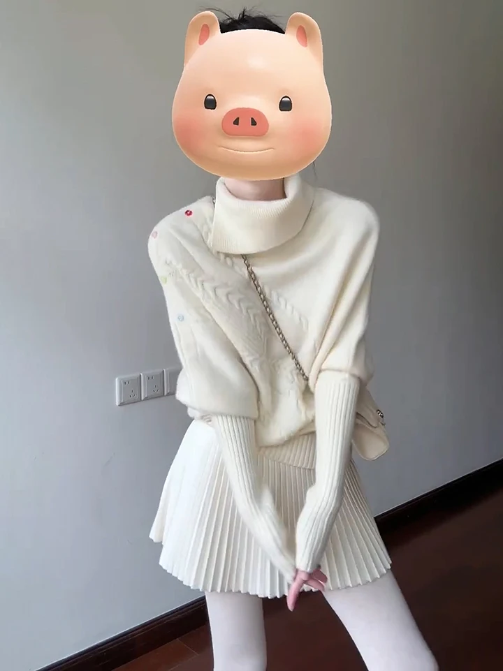 Lockerer Strickpullover für Damen, Herbst und Winter, schöne Rollkragenfarbe, Knopf, asymmetrischer Mantel, Strickwaren, lässig, Faion