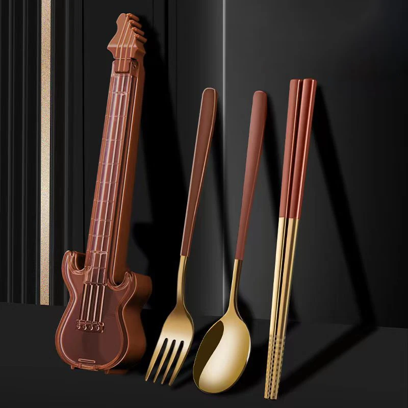 304 Stainless Steel Guitar Portable Tableware Set Fork Spoon Chopsticks Creative Gift Tableware Outdoor Travel 3 Piece Set