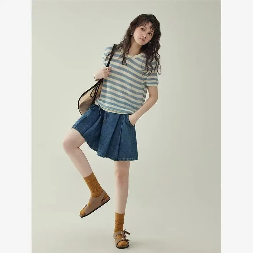 2025 夏ルーズフィットデニムショートパンツハイウエスト痩身女性の弾性ベルボトム E9027