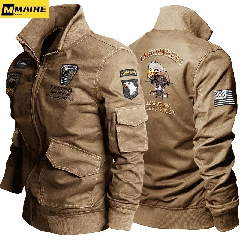 

WorkHunting Pilot Jacket Men Retro Airborne Fleece Work Jackets Cotton Eagle Embroidery Army Coats Causal Stand Collar Outwear