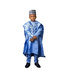 H & D-ropa tradicional africana para niños, Tops azules de manga larga con bordado Dashiki, conjunto de 3 piezas, 2024