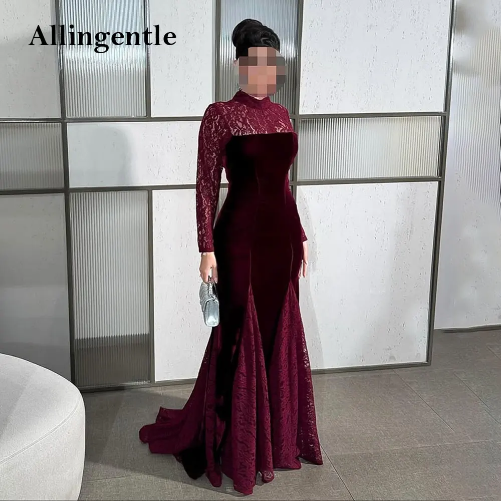 

Дубай Саудовская Аравия Бордовое кружевное вечернее платье с высоким воротом и длинными рукавами Элегантные бархатные платья русалки для выпускного вечера длиной до пола по индивидуальному заказу