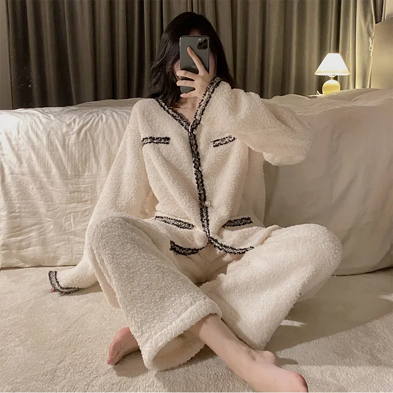 Women's Winter Fleece Pajama Set Korea Style Thick Ladies Sleepwear 2 Pcs With Pants Long Sleeve Warm Pijama Suit For Female