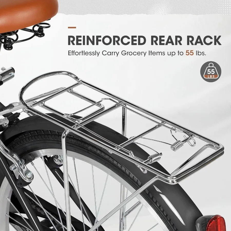 24 26 دراجة كروزر الشاطئ للنساء والرجال دراجة المدينة المريحة مع سلة أمامية للتخزين الخلفي ارتفاع المقعد القابل للتعديل قوي HighCa