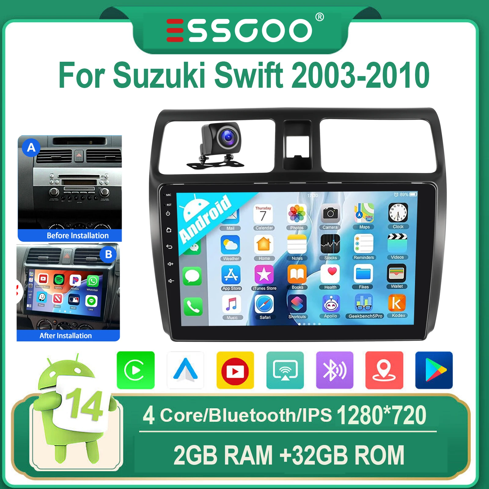 ESSGOO Voor Suzuki Swift 2003-2010 Android 14 10" IPS Touchscreen Autoradio Draadloze CarPlay Android Auto WIFI GPS Bluetooth FM Mirror Link Stuurwielbediening 4-Core Multimedia Videospeler