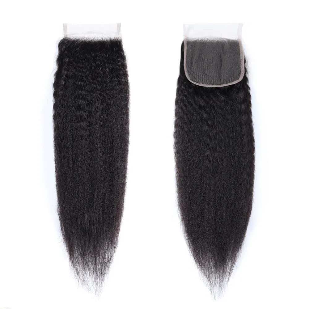 Natürliche Farbe, 4x4-Spitzenverschluss, krauses, glattes Echthaar, transparente Spitze, brasilianisches, unbehandeltes Remy-Haar, vollständig von Hand gefertigt, 150 % Dichte. – Detail 2