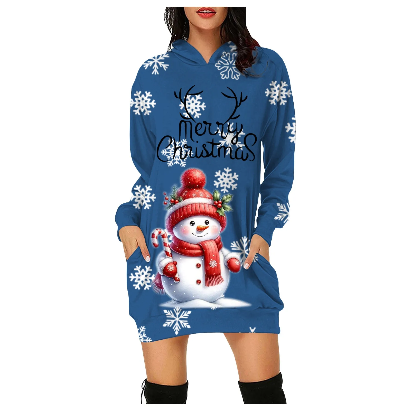 Ladies Casual Festive Snowman Christmas Print Casual Dresses for Women Line Dress Women Fashion Long Sleeved Hooded Warm