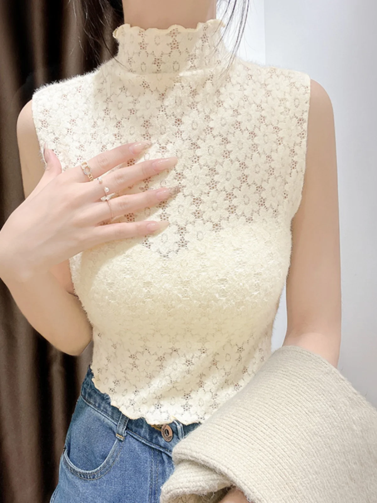 

Женская кружевная блузка-жилет с высоким воротником, без рукавов, с вырезами, модный новый стиль для осени-зимы