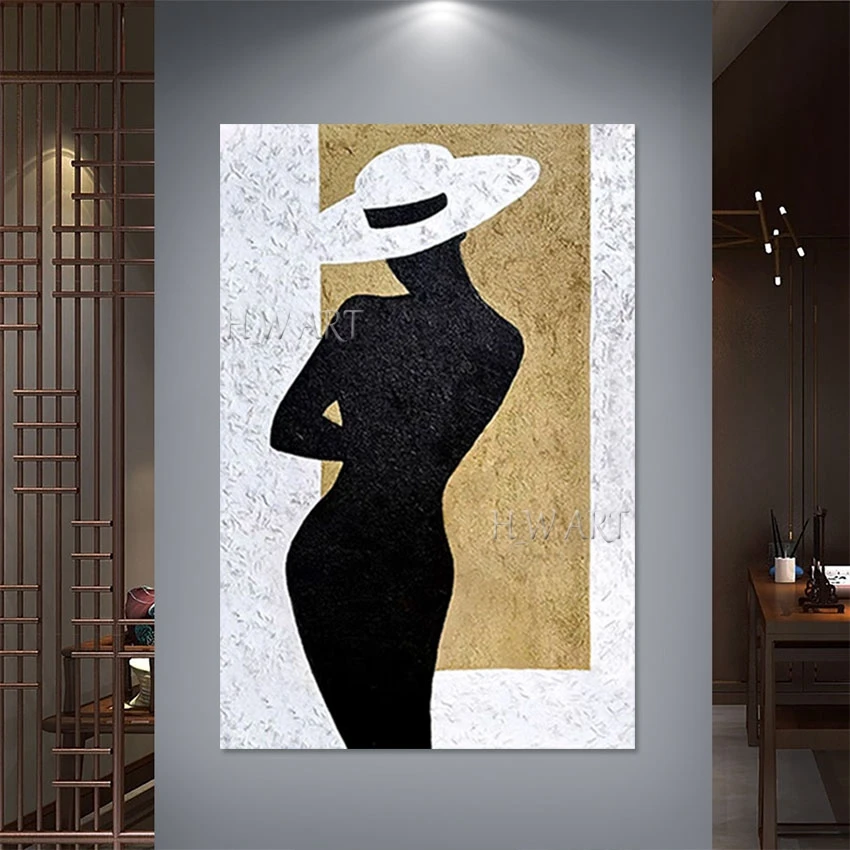 

Black Women Wear Hat Oil Paintings Handmade Abstract Minimalist Portrait Canvas Wall Art Home Office Bar Decoration Unframed