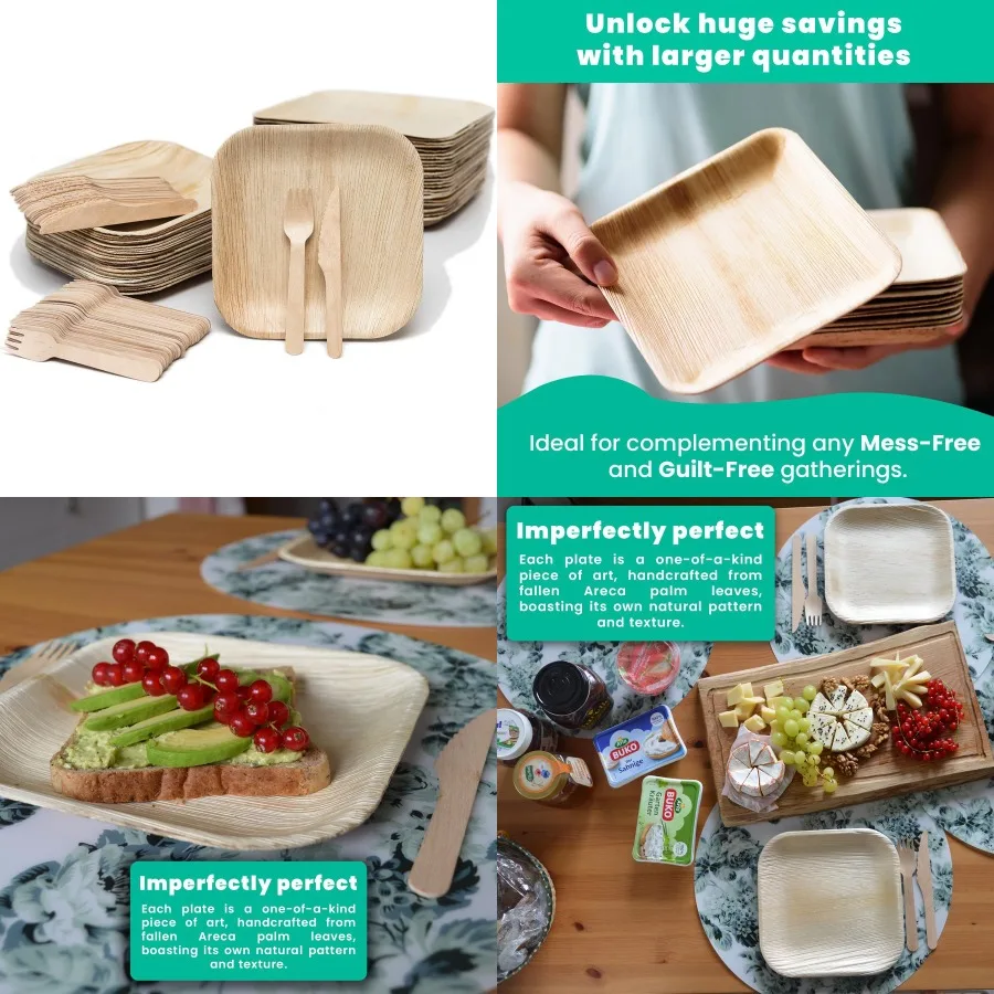 

Disposable Bamboo Plates with Cutlery 150pc 8 inch Square Plates Set with 50 Wooden Knives and Forks Biodegradable NatureFriend