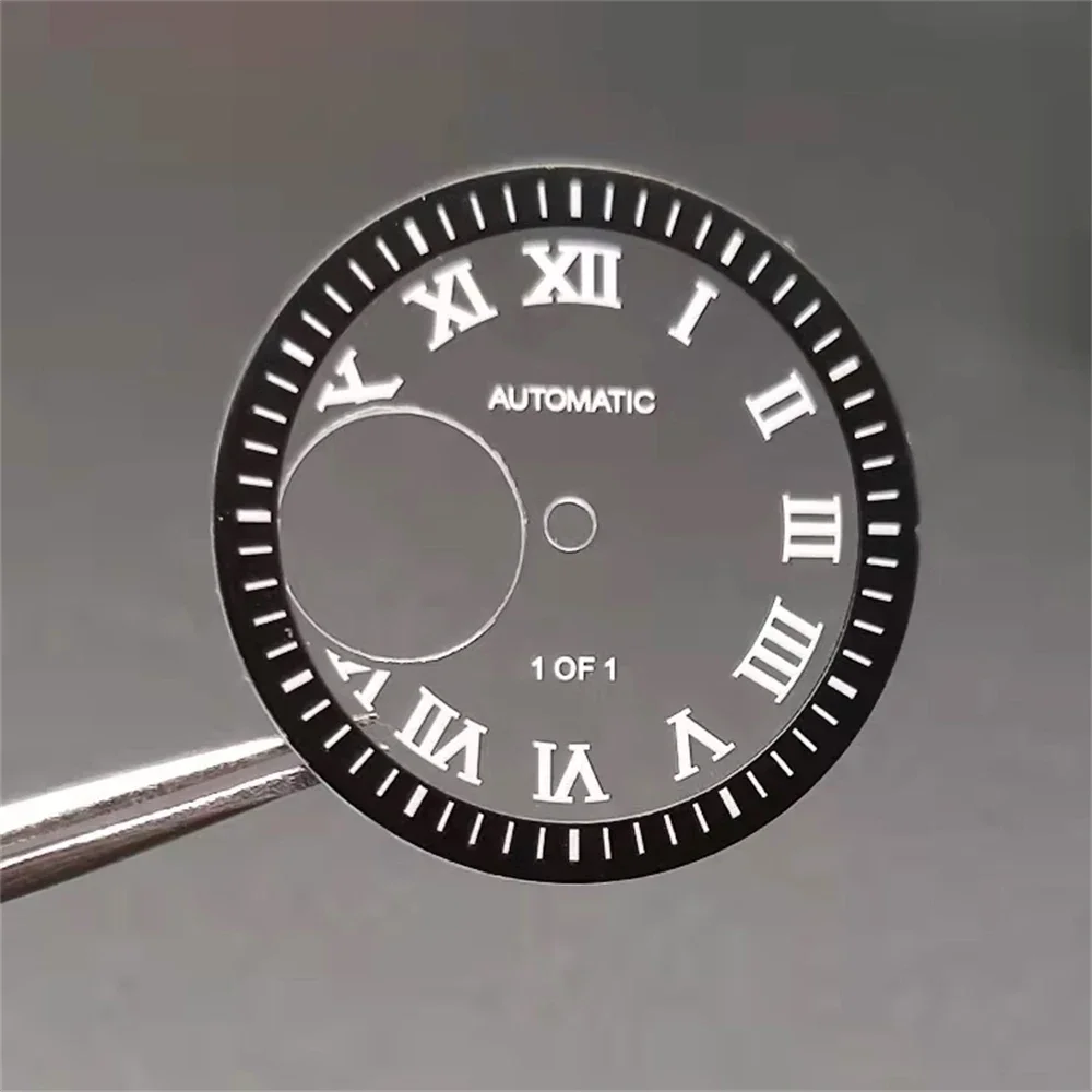 หน้าปัด NH38 28.5มม. ตัวเลขโรมันหน้าปัด Jam Tangan Hollow ใสหน้าปัดสีเขียวเข้มหน้าปัด NH38เคลื่อนไหวกลไกใหม่ DIY